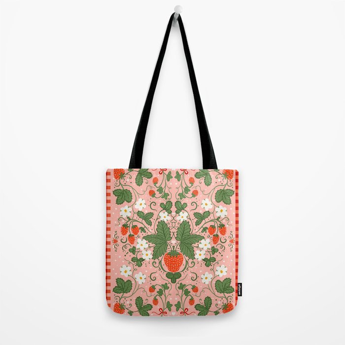 Strawberry Picnic Pattern with Gingham Border Tote Bag Gallery Image 2