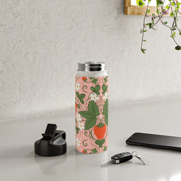 Strawberry Picnic Pattern with Gingham Border Water Bottle Gallery Image 4