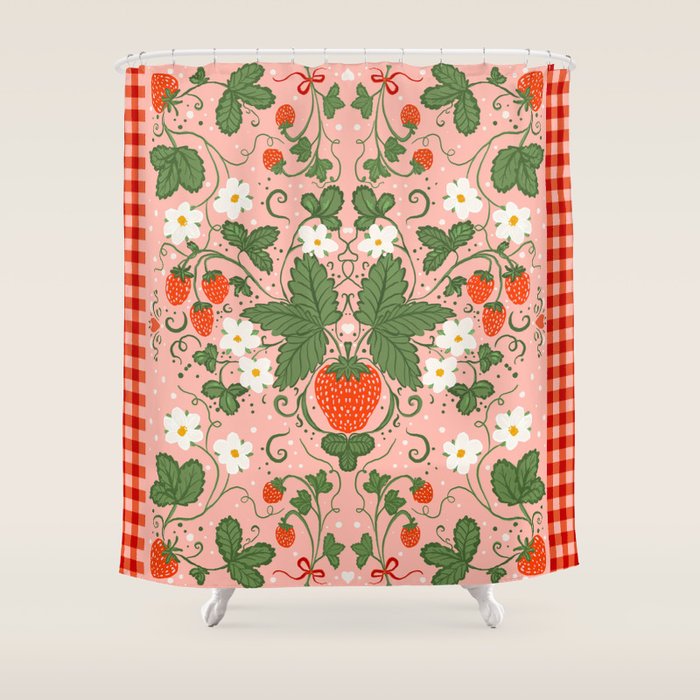 Strawberry Picnic Pattern with Gingham Border Shower Curtain Gallery Image 1