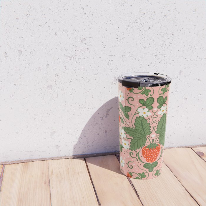 Strawberry Picnic Pattern with Gingham Border Travel Mug Gallery Image 4