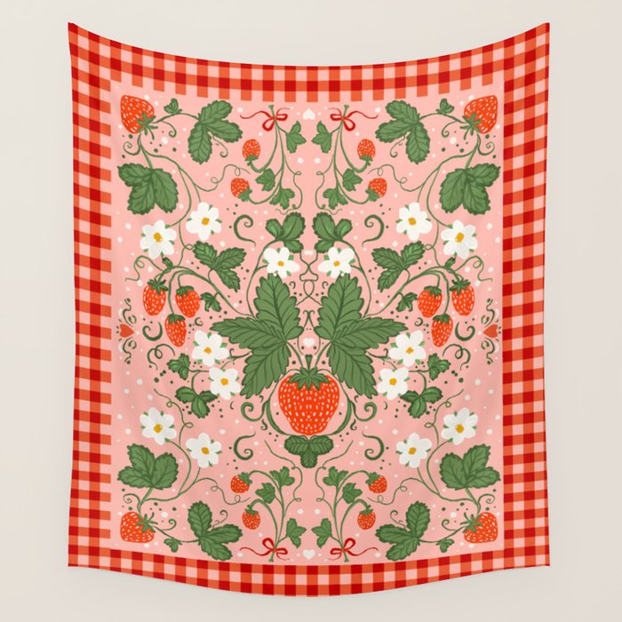 Strawberry Picnic Pattern with Gingham Border Wall Tapestry Gallery Image 4