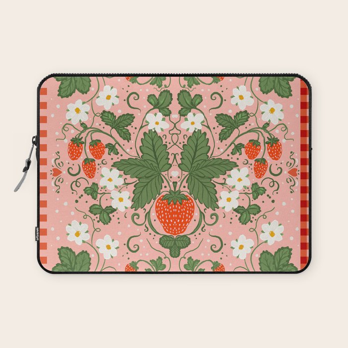 Strawberry Picnic Pattern with Gingham Border Laptop Sleeve Gallery Image 1