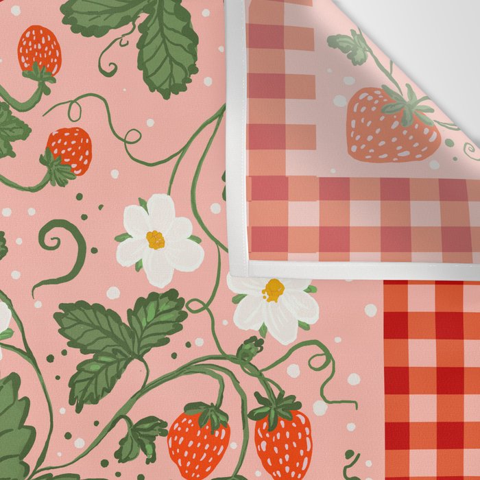 Strawberry Picnic Pattern with Gingham Border Wall Tapestry Gallery Image 3