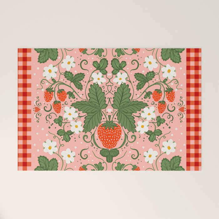 Strawberry Picnic Pattern with Gingham Border Welcome Mat Gallery Image 1