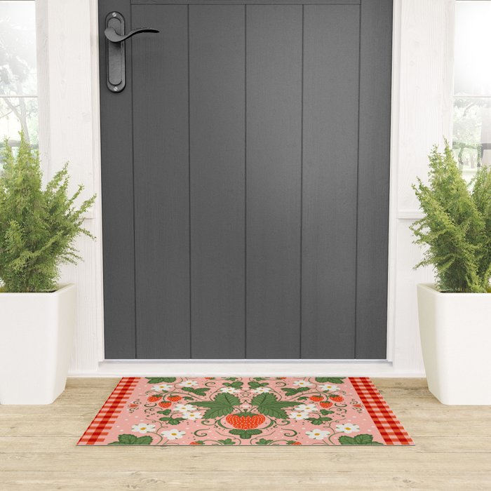 Strawberry Picnic Pattern with Gingham Border Welcome Mat Gallery Image 3