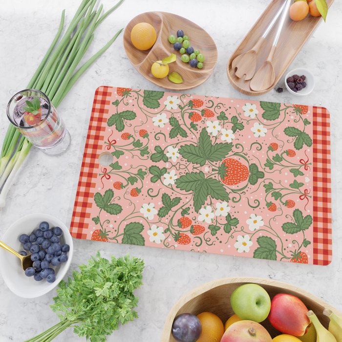 Strawberry Picnic Pattern with Gingham Border Cutting Board Gallery Image 2