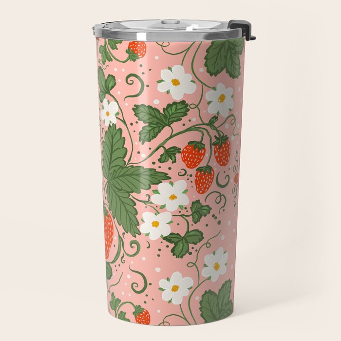 Strawberry Picnic Pattern with Gingham Border Travel Mug Gallery Image 2