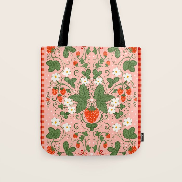 Strawberry Picnic Pattern with Gingham Border Tote Bag Gallery Image 1