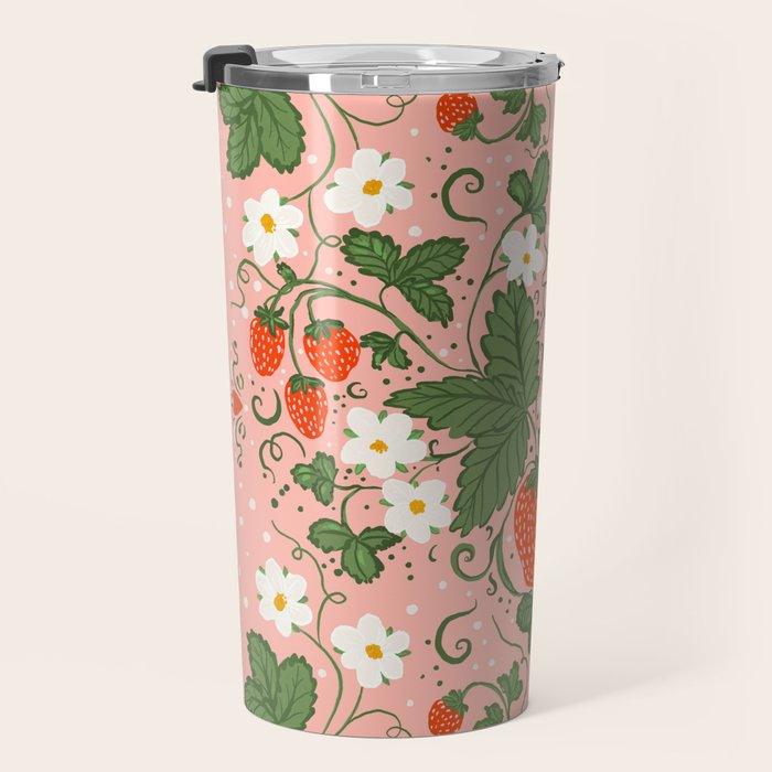 Strawberry Picnic Pattern with Gingham Border Travel Mug Gallery Image 3