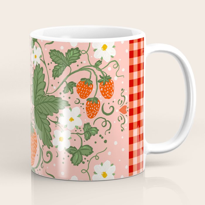 Strawberry Picnic Pattern with Gingham Border Coffee Mug Gallery Image 1