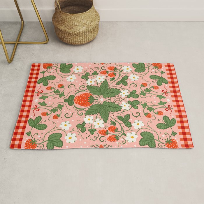 Strawberry Picnic Pattern with Gingham Border Rug Gallery Image 1