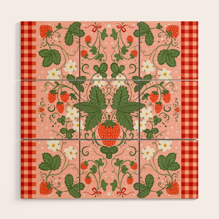 Strawberry Picnic Pattern with Gingham Border Wood Wall Art Gallery Image 1