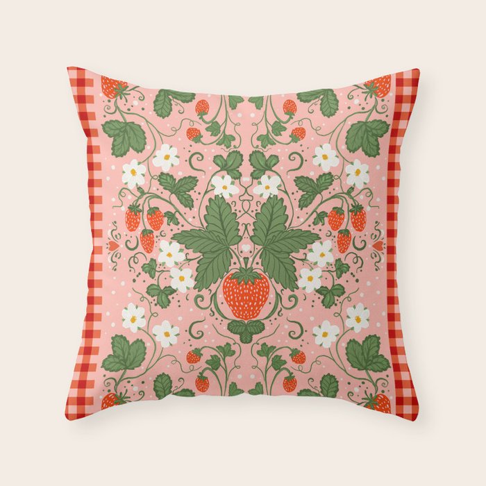 Strawberry Picnic Pattern with Gingham Border Throw Pillow Gallery Image 6