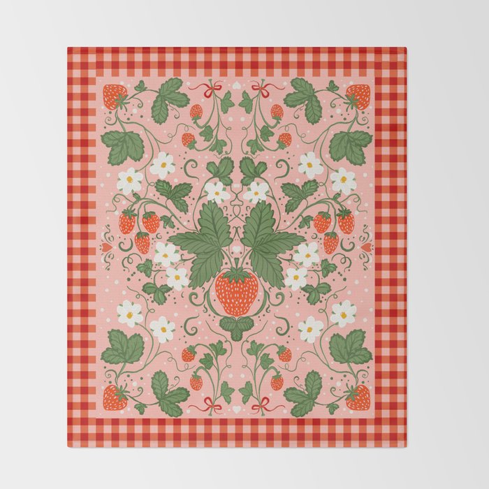 Strawberry Picnic Pattern with Gingham Border Throw Blanket Gallery Image 2