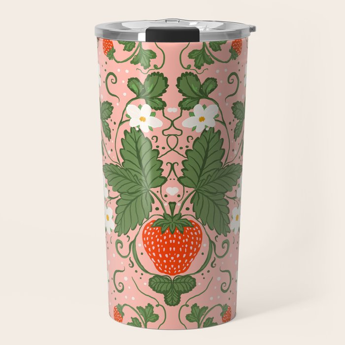 Strawberry Picnic Pattern with Gingham Border Travel Mug Gallery Image 1