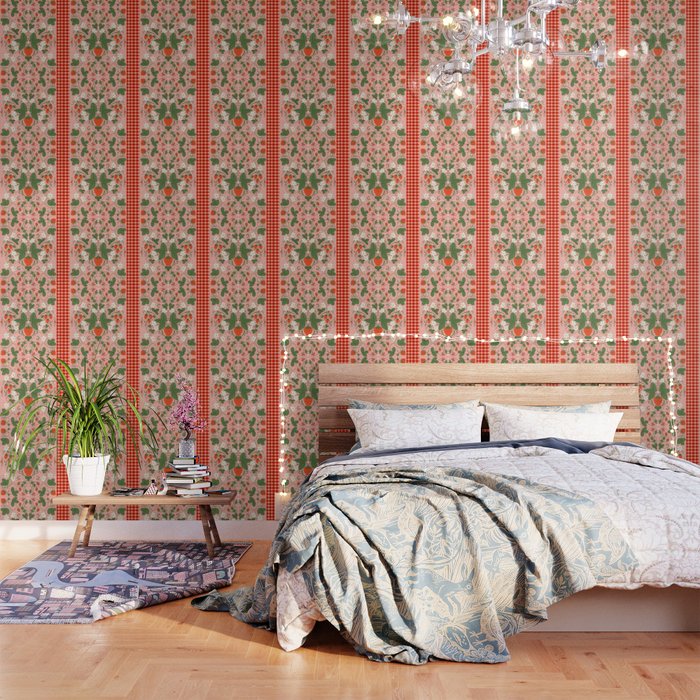 Strawberry Picnic Pattern with Gingham Border Wallpaper Gallery Image 1