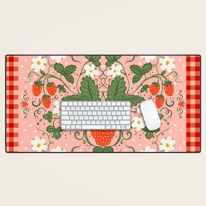 Strawberry Picnic Pattern with Gingham Border Desk Mat Gallery Image 1