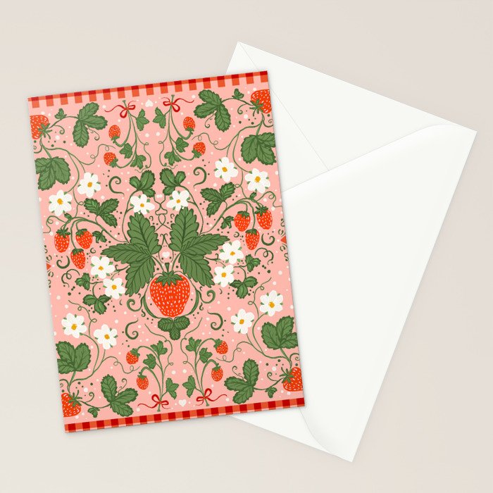 Strawberry Picnic Pattern with Gingham Border Stationery Card Gallery Image 2