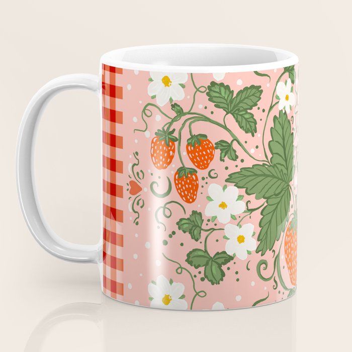 Strawberry Picnic Pattern with Gingham Border Coffee Mug Gallery Image 3