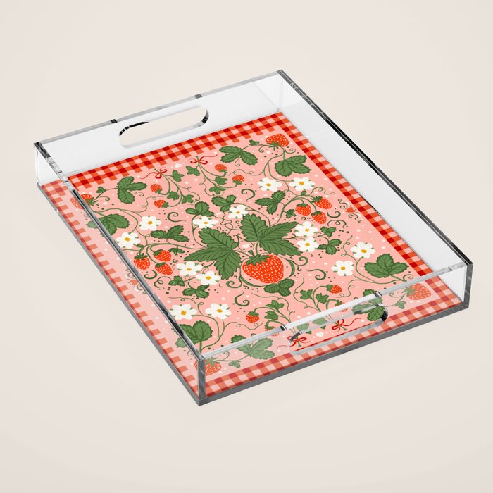 Strawberry Picnic Pattern with Gingham Border Acrylic Tray Gallery Image 1