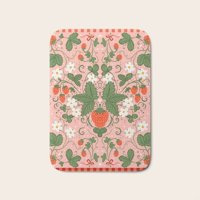 Strawberry Picnic Pattern with Gingham Border Bath Mat Gallery Image 1