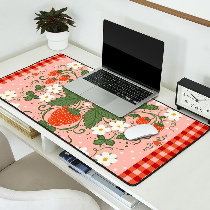 Strawberry Picnic Pattern with Gingham Border Desk Mat Gallery Image 2
