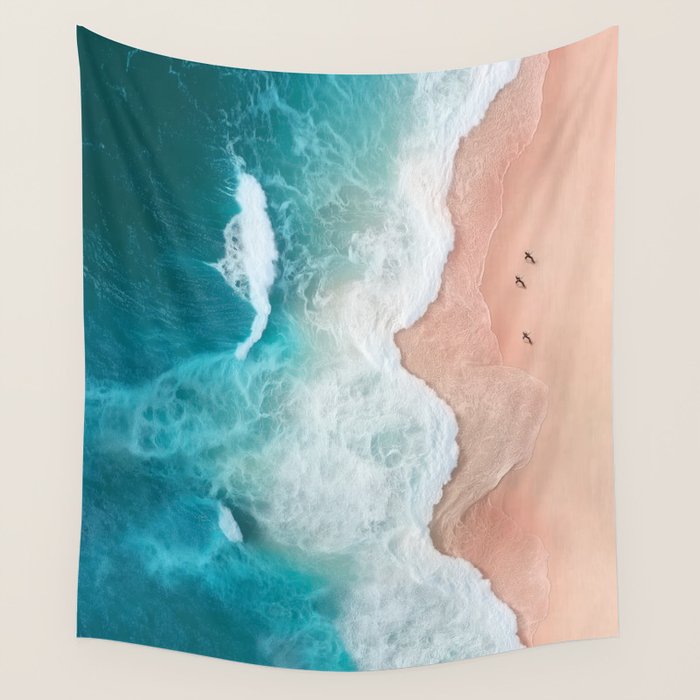 Peach Sand and Blue Sea - Coastal Aerial Photography Wall Tapestry Gallery Image 1