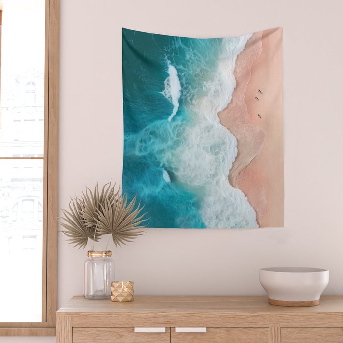 Peach Sand and Blue Sea - Coastal Aerial Photography Wall Tapestry Gallery Image 2