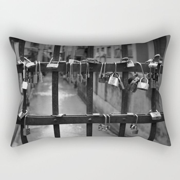 Love Locks on Canel Bridge, Bologna, Italy romantic black and white photography / photographs / photograph Rectangular Pillow Gallery Image 1