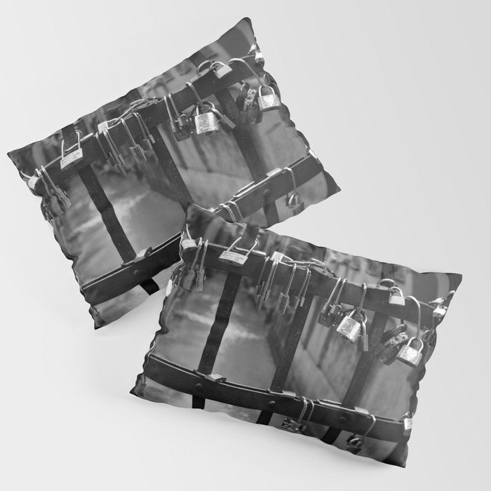Love Locks on Canel Bridge, Bologna, Italy romantic black and white photography / photographs / photograph Pillow Sham Gallery Image 1