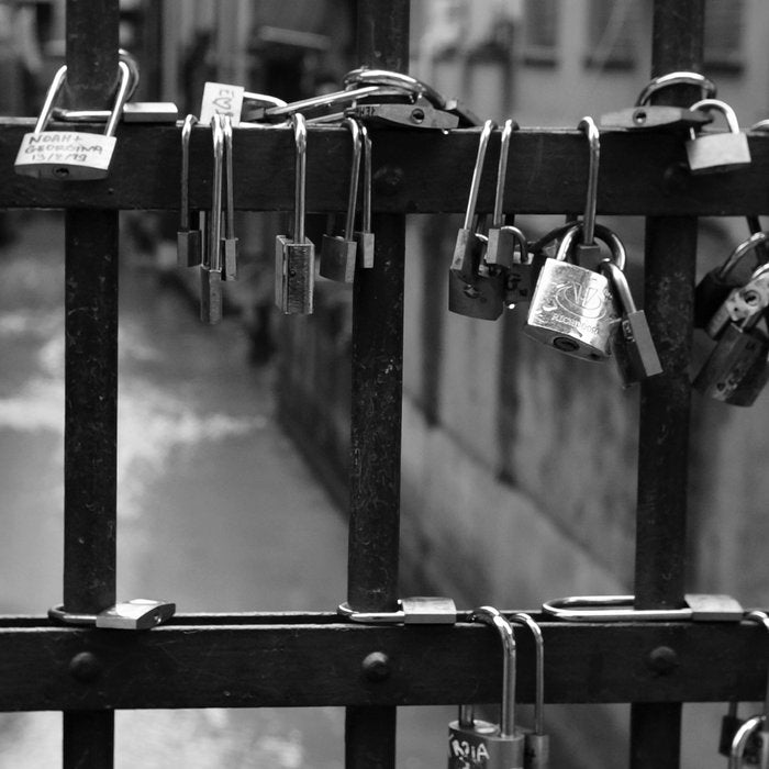 Love Locks on Canel Bridge, Bologna, Italy romantic black and white photography / photographs / photograph Coffee Mug Gallery Image 2