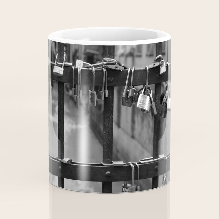 Love Locks on Canel Bridge, Bologna, Italy romantic black and white photography / photographs / photograph Coffee Mug Gallery Image 4