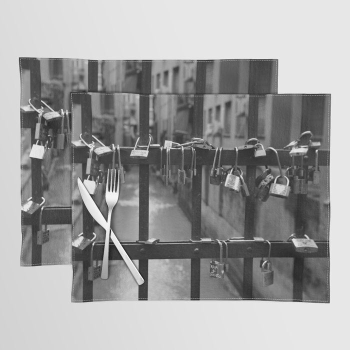 Love Locks on Canel Bridge, Bologna, Italy romantic black and white photography / photographs / photograph Placemat Gallery Image 1