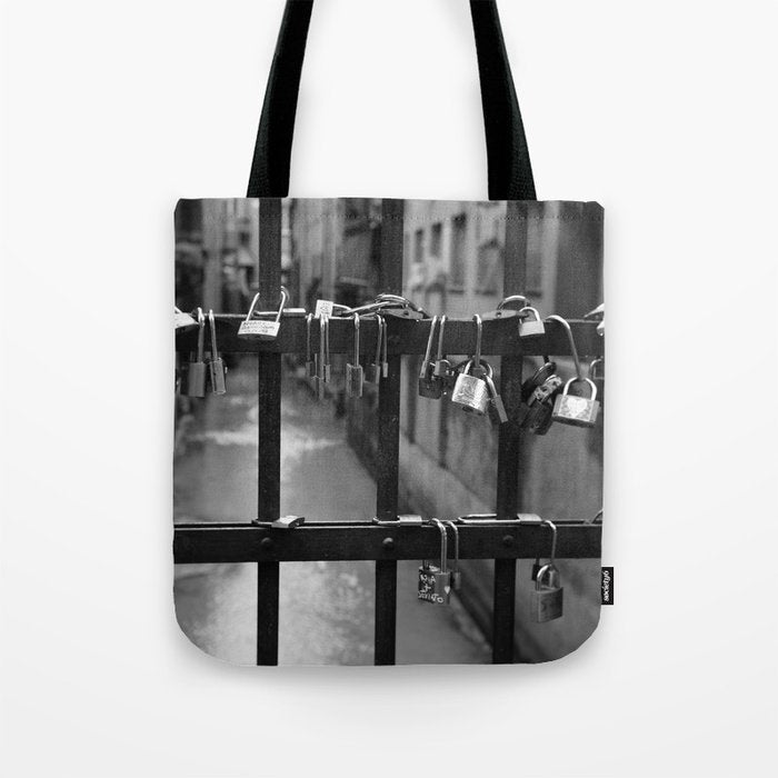 Love Locks on Canel Bridge, Bologna, Italy romantic black and white photography / photographs / photograph Tote Bag Gallery Image 1