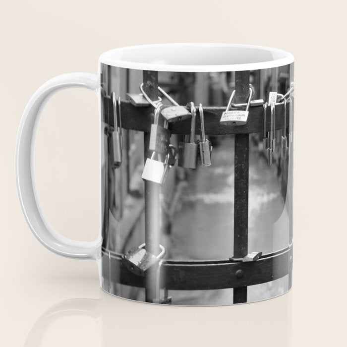 Love Locks on Canel Bridge, Bologna, Italy romantic black and white photography / photographs / photograph Coffee Mug Gallery Image 3