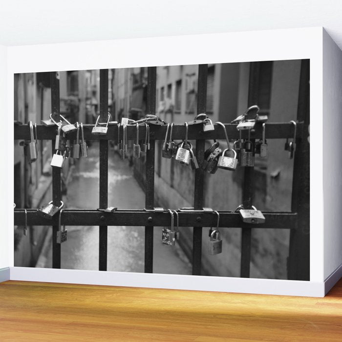 Love Locks on Canel Bridge, Bologna, Italy romantic black and white photography / photographs / photograph Wall Mural Gallery Image 2