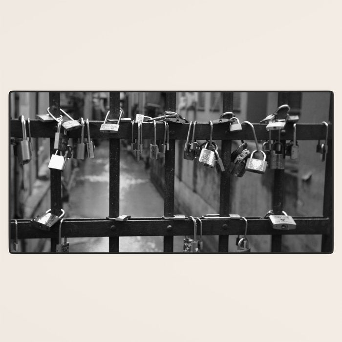 Love Locks on Canel Bridge, Bologna, Italy romantic black and white photography / photographs / photograph Desk Mat Gallery Image 3
