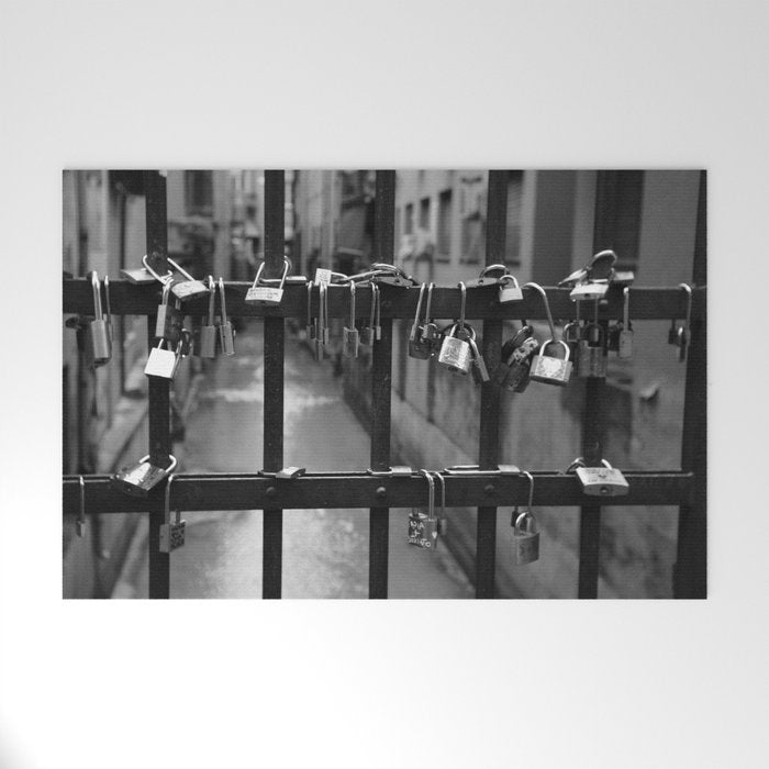 Love Locks on Canel Bridge, Bologna, Italy romantic black and white photography / photographs / photograph Welcome Mat Gallery Image 1