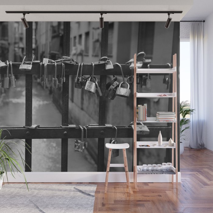 Love Locks on Canel Bridge, Bologna, Italy romantic black and white photography / photographs / photograph Wall Mural Gallery Image 1