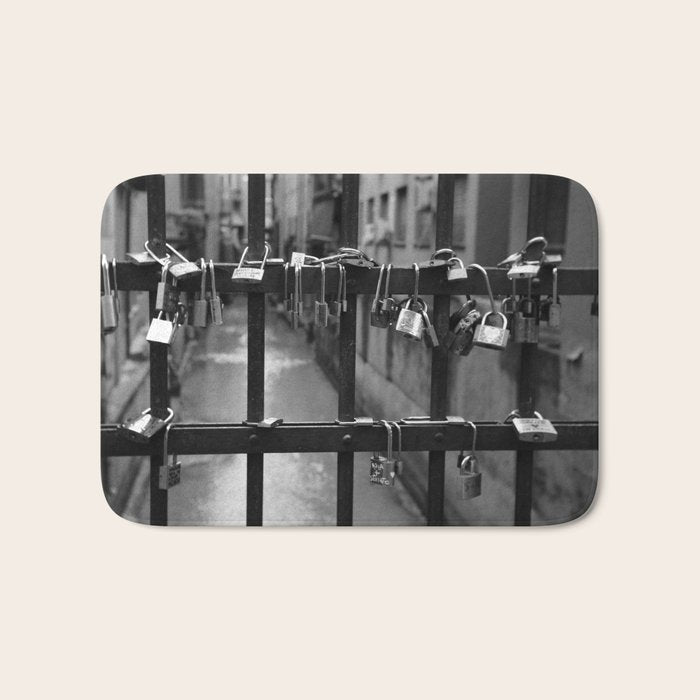 Love Locks on Canel Bridge, Bologna, Italy romantic black and white photography / photographs / photograph Bath Mat Gallery Image 1