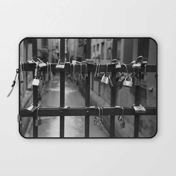 Love Locks on Canel Bridge, Bologna, Italy romantic black and white photography / photographs / photograph Laptop Sleeve Gallery Image 1