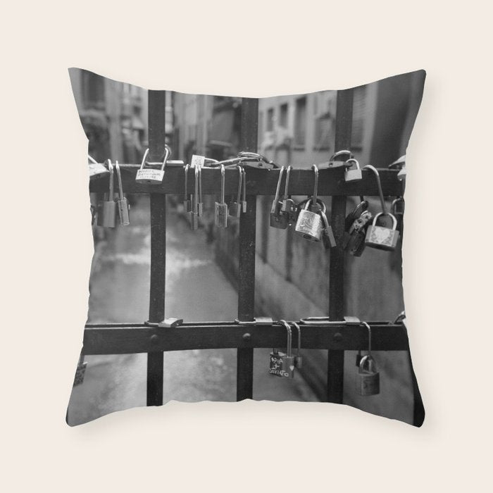 Love Locks on Canel Bridge, Bologna, Italy romantic black and white photography / photographs / photograph Throw Pillow Gallery Image 6