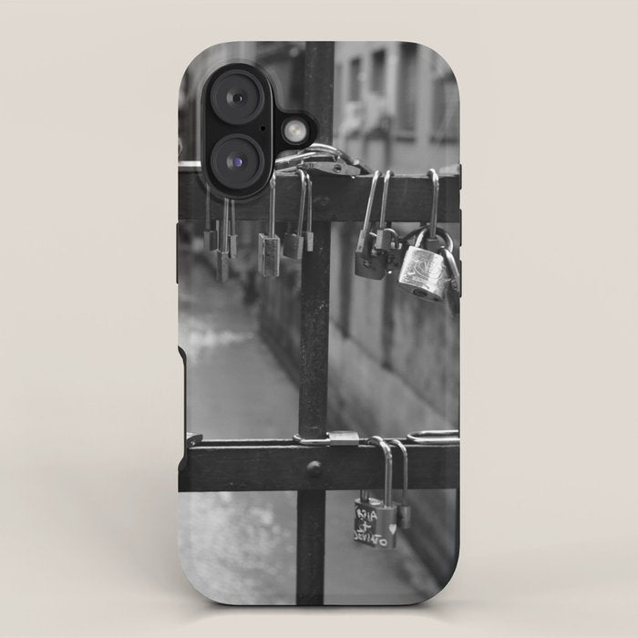 Love Locks on Canel Bridge, Bologna, Italy romantic black and white photography / photographs / photograph iPhone Case Gallery Image 1