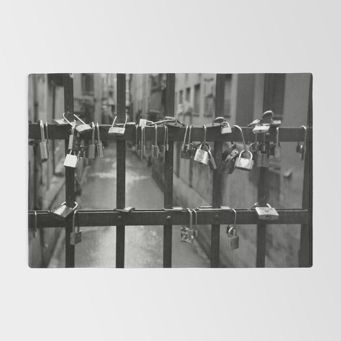 Love Locks on Canel Bridge, Bologna, Italy romantic black and white photography / photographs / photograph Rug Gallery Image 2