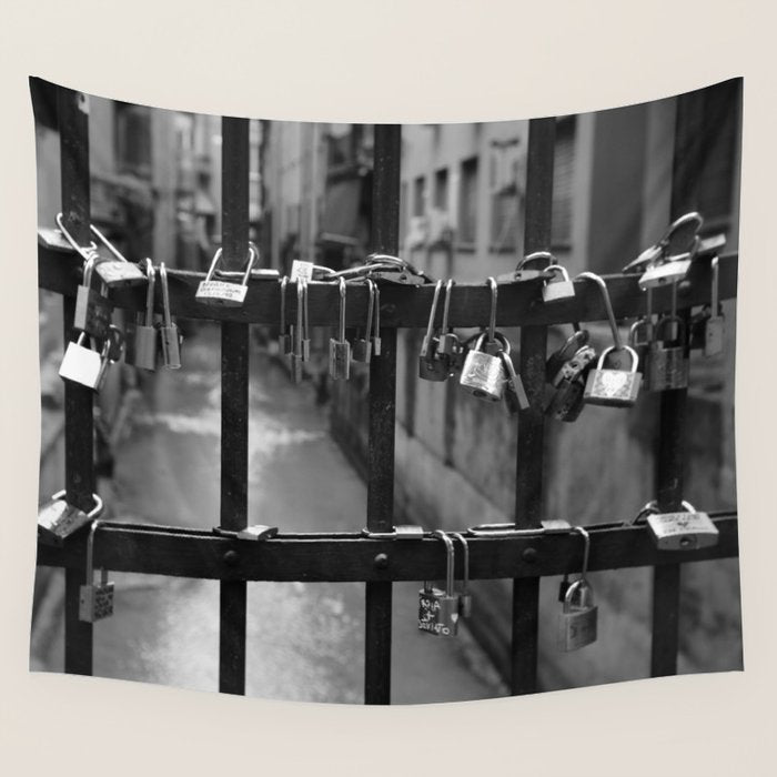 Love Locks on Canel Bridge, Bologna, Italy romantic black and white photography / photographs / photograph Wall Tapestry Gallery Image 4
