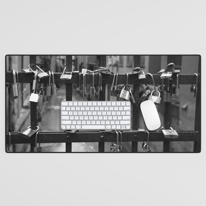 Love Locks on Canel Bridge, Bologna, Italy romantic black and white photography / photographs / photograph Desk Mat Gallery Image 1
