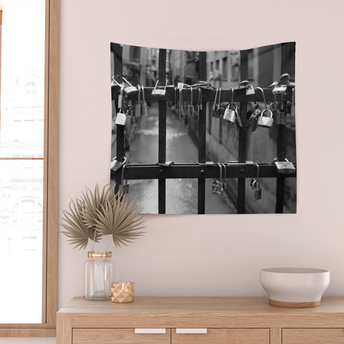 Love Locks on Canel Bridge, Bologna, Italy romantic black and white photography / photographs / photograph Wall Tapestry Gallery Image 2
