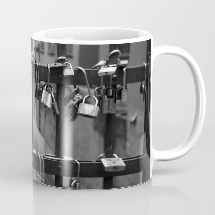 Love Locks on Canel Bridge, Bologna, Italy romantic black and white photography / photographs / photograph Coffee Mug Gallery Image 1