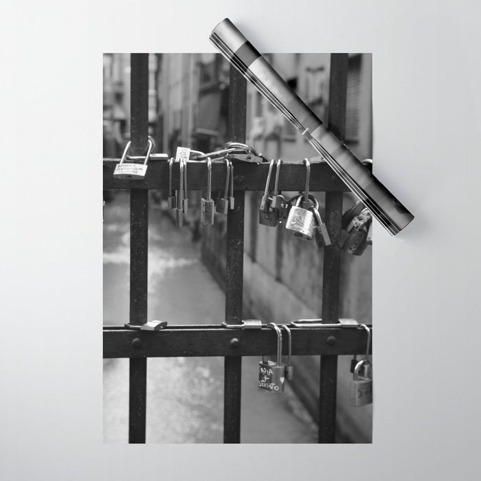 Love Locks on Canel Bridge, Bologna, Italy romantic black and white photography / photographs / photograph Wrapping Paper Gallery Image 1