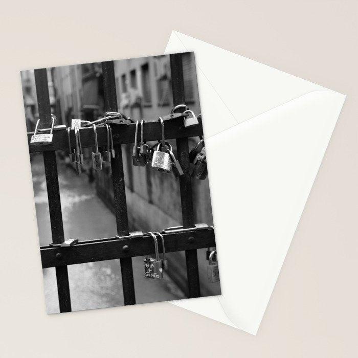 Love Locks on Canel Bridge, Bologna, Italy romantic black and white photography / photographs / photograph Stationery Card Gallery Image 2